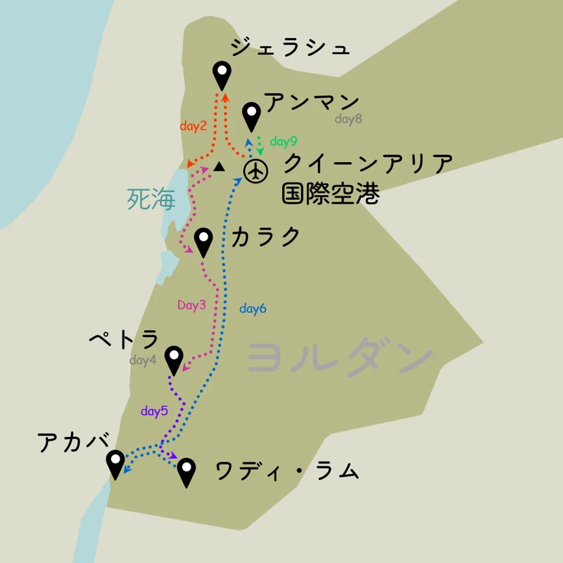 ヨルダン旅の移動経路