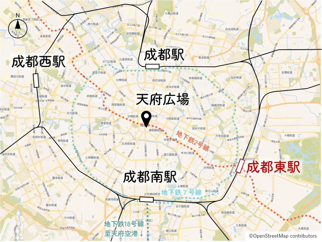 成都の鉄道駅の位置図