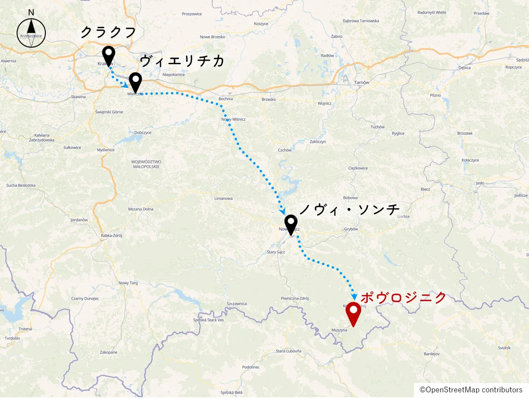 クラクフからポヴロジニクまでのルート
