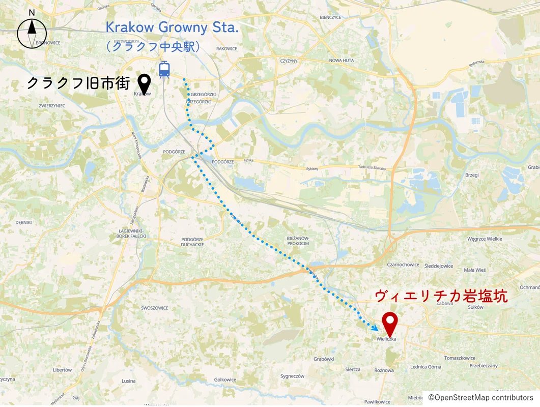クラクフからヴィエリチカへの地図