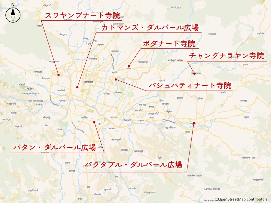 世界遺産を構成する７施設の位置図