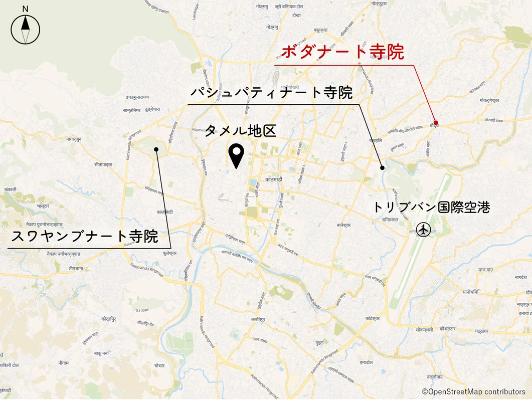 ボダナート寺院の位置図