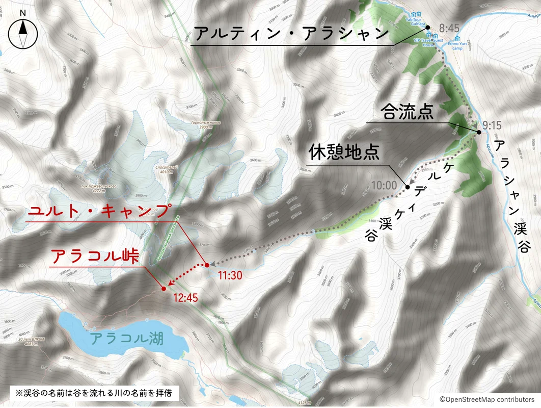 ルート図（ユルト・キャンプ→アラコル峠）